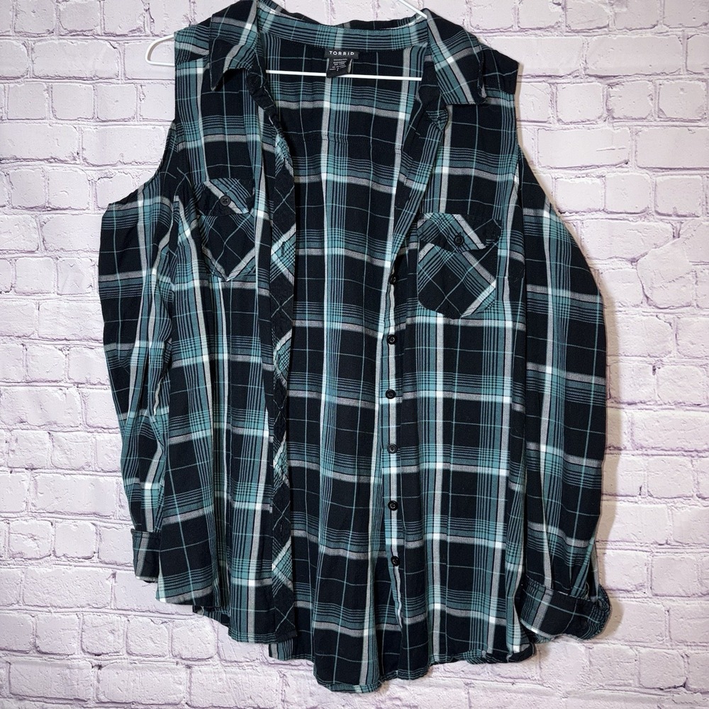 Torrid Cold Shoulder Plaid Button Down Top Black Teal Women's Size 1 Punk